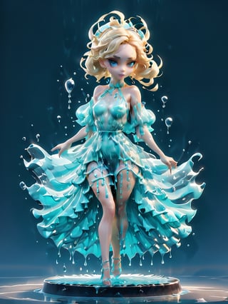 professional photograph of a beautiful woman wearing a dripping Cyan (liquid dress) standing in a sexy pose in City of the Damned, ,envious,Chignon,Golden Blonde hair,liquid dress,chibi