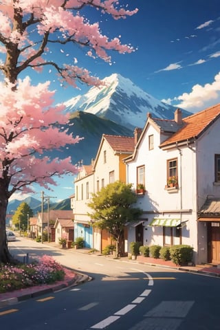 outdoors, sky, day, tree, blue sky, no humans, plant, building, scenery, mountain, city, road, cityscape, house, power lines, town, balcony, real world location, cherry blossom, flower, nature, tree, spring.
