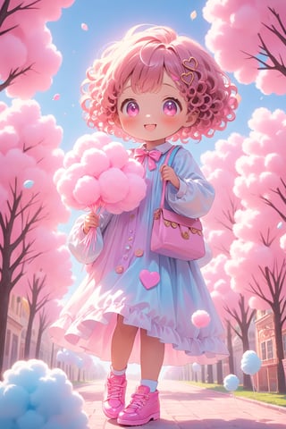 kawaii style, (little girl),	big round eyes, cute pink eyes,	cute big smile, blushy cheeks, ((short pastel curly hair)), pastel candy outfit, pink shoes, cotton candy hairclips, soft color palette, fluffy cotton candy trees, eating cotton candy, at candyland background, head,cute cartoon, best quality, masterpiece, beautiful and aesthetic, vibrant color, Exquisite details and textures,  Warm tone, ultra realistic illustration, cinematic lighting, ambient lighting, sidelighting, cinematic shot,	siena natural ratio,children's body, anime style,ultra hd, realistic, vivid colors, highly detailed, UHD drawing, perfect composition, beautiful detailed intricate insanely detailed octane render trending on artstation, 8k artistic photography, photorealistic concept art, soft natural volumetric cinematic perfect light. 


