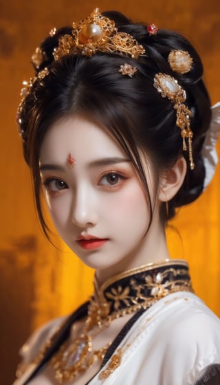 a sorceress, white hair,  gold and white brassiere , detailed face, vines, stars, ((surrealism)), (abstract), intricately detailed gothic art triadic colors, fantastical, splash screen, fantasy high magic concept art, 8k resolution, (gothic masterpiece), oil painting, heavy strokes, HW*,short hair bang,hair bangs are above the eyebrows,no bang,Narin,beautyniji,1girl,women,girl,realistic,Double eyelids,bow on her head, cute eye,cute lip