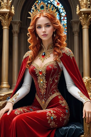 Detailed ultra-realistic full body shot of a female character named Sibyl represesenting a beautiful golden crowned princess. She is (majestically seated on a high throne:1.2) intricately carved, inside a (gothic cathedral:1.6) with many (stained glasses:1.6). Sibyl has copper colored hair, young perfect looking smiling face, perfect eyes, makeup, hypnotizing gaze. She wears red velvet and white silk dress, crystal and gold ornated, crystal feathers, (richly art nouveau style jewels:1.6), red velvet (cape:1.4), large long sleeves, wide skirt covering legs completely. (Masterpiece:1.8), intricate, elegant, highly detailed, (light particles:1.2), sharp focus, 8k, canon eos 450D, crystalz,APEX SUPER REAL FACE XL 