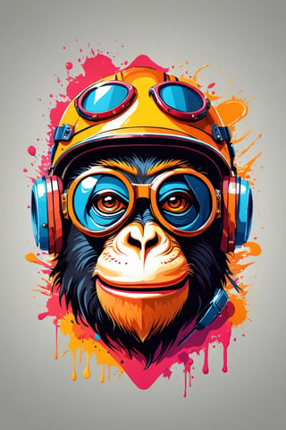 (best quality, 4k, 8k, highres, masterpiece:1.2), ultra-detailed,T-shirt design,illustration, a monkey wearing a helmet and goggles with paint splatters on it's face