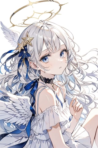 1girl, angel, white hair, long curly hair, two side up,blue eyes, two blue ribbons on her hair, (Double golden halo on her head), choker, angel wings on back, ahoge,Sitting with one hand running through the hair,
portrait, close-up, irezumi ,
masterpiece, best quality, aesthetic,