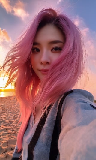 xxmixgirl,1girl, fisheye, selfie, sea, wind, messy hair, sunset, beach, (aesthetics and atmosphere:1.2), pink hair,smiling,Xxmix_Catecat,3d style