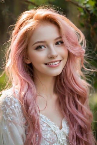 She is a stunning girl with long, flowing pink hair that cascades down her back like a waterfall of cotton candy. Her rosy locks frame her delicate features, enhancing her ethereal beauty. With a radiant smile and sparkling eyes, she captivates all who are lucky enough to behold her.