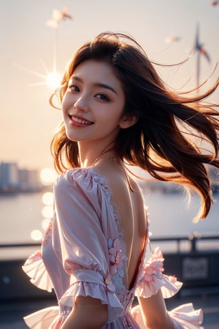 (masterpiece, top quality, top quality, 1 female, Korean, beautiful face, smile, long hair flying in the wind, 19 years old, short flowered dress, sunset