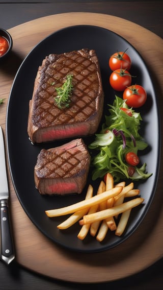 Beef steak, perfectly cooked, on a black plate, decorated beautifully. There were french fries on the plate. There are a few salad vegetables and tomatoes placed on a wooden table, giving the atmosphere of an English restaurant. high resolution images Use a macro lens to take beautiful photos with beautiful light.