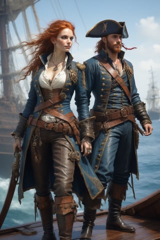 piratepunk female pirate warrior, British male piratepunk sailor from 1625-s standing side by side, ship board piratepunk , full body, ginger hair, both smiling, Carne Griffiths and Wadim Kashin distinctive style fusion, centered subjects,more detail XL,photo r3al