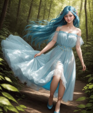 Stunning image of a blue-haired goddess in a sheer blue dress, walking in the forest. Her face was flawless and radiant, with charming eyes and a sweet smile. Her hair flowed over her shoulders in the wind, framing her beautiful features. Her dress clung to her curves and showed off her skin, creating harmony. The image is clear and colorful, with every detail captured in 8k resolution. The lighting is bright and warm, highlighting her hair and clothing. The background is calm, with colorful flowers around. The picture is a masterpiece of beauty and nature, showing the grace and charm of a girl. She looked like a fantasy come true, the perfect mix of innocent and sexy