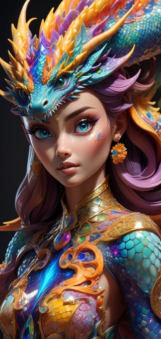 photo of a beautiful majolica dragon-woman with translucent scales emitting glowing cosmic energy and radiance with glowing fractal glass elements, awe inspiring sense of beauty, flawless masterpiece,  work of beauty and complexity, UHD,  hyperdetailed face,  hyperdetailed eyes, bacteria art style, galaxy, wide_hips, 35mm digital photograph, sharp focus on eyes, alberto seveso style ,A girl dancing ,3d toon style, flowercore