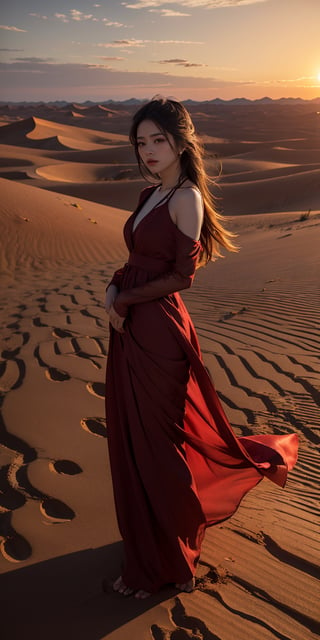 Desert Solitude: Imagine a woman in a flowing red dress, standing atop a sand dune overlooking a vast desert landscape. The sun dips below the horizon, casting long shadows and painting the sky in fiery hues. The silence is broken only by the whisper of wind, and the woman's expression is one of quiet contemplation amidst the stark beauty of nature's harshest embrace.