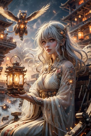 (((masterpiece))),best quality, illustration,(beautiful detailed girl), a girl ,solo, ,big white eyes,beautiful detailed cold face, long white hair, dark dress  , holding stars , flighting , (depth) of (field) sand sky , temple , fire bomber , sunset 
war scene, flying war machine , animal  ,More Detail,more detail , bloody, fly, lanterns