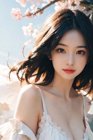 age 20, beautiful breasts, highly detailed CG Unity 8k wallpaper, masterpiece, best quality, super detailed, best illustrations, best shading, very smooth and beautiful, dynamic angles, crayon drawing, {cute}, long white hair flying in the wind , heterochromia, red and yellow eyes, { {{wide white lines}}}, {cute}, normal human anatomy, whole body, cherry blossom background, spring, corner,