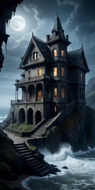  A forgotten mansion perched atop a windswept cliff, its windows dark and empty. The air hangs heavy with the secrets of its former inhabitants, and the crashing waves below whisper tales of forgotten tragedies. A spectral figure, its form a swirling mist that chills the very air. It weeps tears of moonlight, and its mournful cries echo through the mansion's halls. Whispers of its past life linger in the air, hinting at a love lost and a heart forever broken. A dusty portrait in the grand foyer depicts a young couple, their faces etched with a haunting sadness. The woman's eyes seem to follow the viewer, filled with a silent plea for help.
