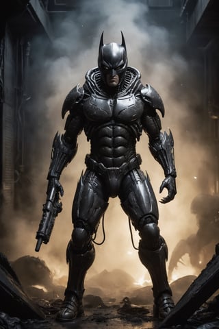 A futuristic Batman suit in the style of the movie "Alien vs. Predator". The suit is made of a heavy, armored material with a bat-like design. It has a built-in武器系统, including a grappling hook, batarangs, and a flamethrower. Batman is standing in a dark alleyway, facing off against a group of Xenomorphs. The background is dark and gritty, with smoke and debris flying through the air.

