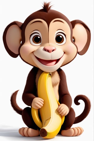 create 1 cartoon character , mongkey :  a funny impression to the smile charakter, eat banana, bacground white
