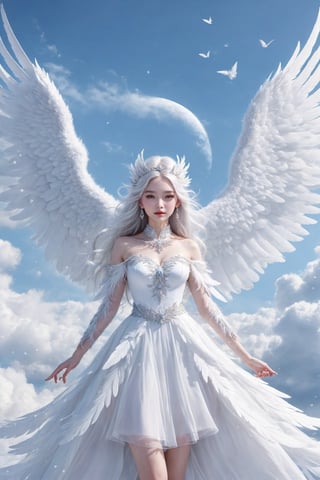 MEDIEFAL KNIGT FEMALE CARAKTER, realistic, Saori Kido, also known as Athena1girl, Solo, Angel, ((((big white wings)))), Feather dress, winged dress, wings hair ornaments, Winged accessories, (((Pure white skin, Pure white dress, White hair, Long hair))), purple eyes, Blue sky with clouds Background, ((Heaven dress)), ((((Full body Ethereal, Ethereal and Delicate Artwork)))) snow