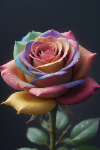 The appearance of colorful and colorful rose.
The background shows rainbow-colored powder spreading like an explosion. Water droplets moistening the rose flower.
It is so ridiculous that it is hard to distinguish the front,

close-up photography, Ultra-detailed, ultra-realistic, full body shot, 