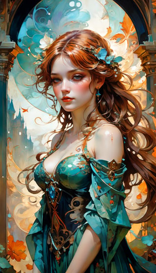 Carne Griffiths, Michael Garmash, Frank Frazetta, Castle Background, Jean Baptiste Monge, Victo Ngai, Detailed, Vibrant, Sharp Focus, Character Design, Wlop, Artgerm, Kuvshinov, Character Design, Unreal Engine, Pixar, Shiny Aura, TXAA, 32k, Fanbox, Highly Detailed, Dynamic Pose, Intricate Motifs, Organic Tracery, Perfect Composition, Warm Dreamy Tones, Digital Painting, Artstation, Smooth, Sharp Focus, Illustration, Award Winning Style And Composition ))), Line, By Alphonse Mucha, Surface, By Karol Bak, Color Grading, By Lee Man Fong, Hydrodipped, Glaze