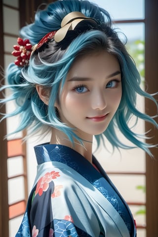 High quality, masterpiece, masterpiece, exquisite facial features, exquisite hair, exquisite blue eyes, exquisite colored hair, gloomy smile,full body, 4K quality, gorgeous light and shadow, Tyndall effect, halo, messy hair, young state, gorgeous scenes, kimono, jewelry