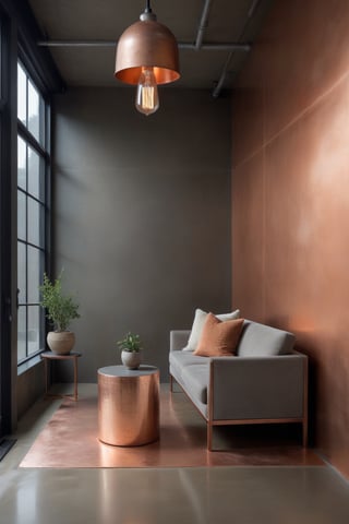award-winning  professional architectural photography ,apricot and copper hues,metallic finishes,mixed materials,polished concrete  floors,warm neutrals,industrial chic elements,edison bulb lighting,modern sculptures,statement walls,sleek furniture,hyperdetailed,8k,