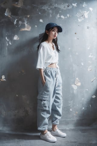 capturing a model, woman wearing long cardigan with white t-shirts, deep blue washing cargo jogger pant, skate shoes, black bucket hat with small detail, Canon EOS-1D, f/5.6, grey background, studio light set