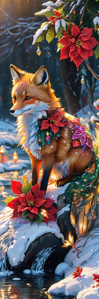 Create a intricately detailed christmas fox on snow, Christmas vibe, golden hour,  lit from behind,  ultradetailed ultrarealistic,  gleaming, work of beauty complexity and complexity,  close-up,  by a river stream,  chrismascore,  snowqueen,christmas,ColorART,  poinsettia flowers cascading in the breeze,  christmas ornaments ,colorful