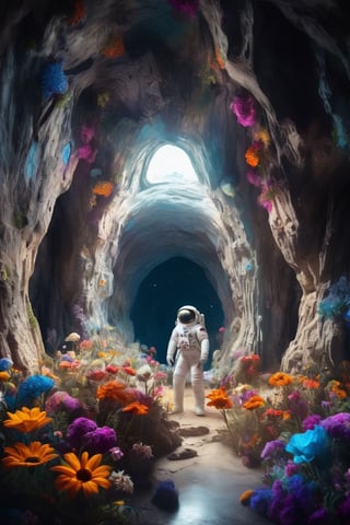 In the cavernous interior of the spaceship, reminiscent of a cave, an astronaut stands surrounded by an abundance of flowers, creating a surreal and enchanting scene. The walls of the spacecraft are lined with intricate rock formations, giving the impression of being inside a natural cavern. The flowers, vibrant and colorful, bloom in unexpected places, adding a touch of whimsy to the otherwise sterile environment of the spacecraft.,astronaut_flowers,Architectural100