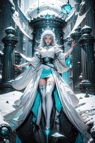 snow queen, cute girls, high_res, best quality, extremely detailed, area lighting in background, HD, 8k, 1girl, cute, queen dress, (cyan dress, cyan eyes), (glowing eyes:1.4), glowing energy, long hair, white hair, power pose, belts, tiara, stockings, ice castle, blue tones, beautiful figure, thin waist, wide hips, scarlet lips, snowing, glare, sparcles, particles, ice throne, white skin, skirt, reflection, magic glow, (ice roses),weapon