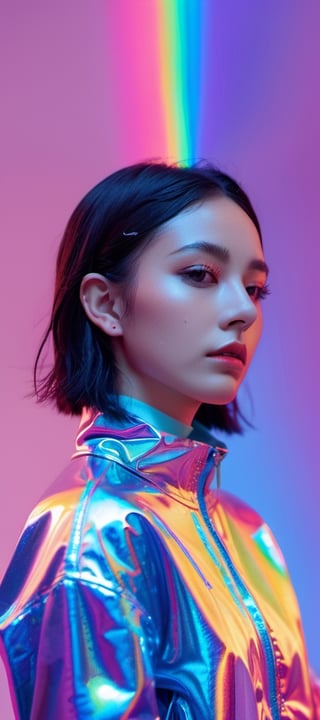 xxmixgirl, blue neon lights, somber expression, photorealistic, hyperdetailed, hyperrealism, cinematic, full body
flowing rainbow colored holographic background. Keywords: nike,  holographic,  iridescent,  vaporwave,  fluid., 
