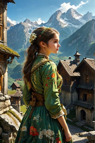 1girl,from back,Magnificent Alpine mountains, old churches, old dirty buildings by the beautiful nature,
A girl in a traditional Alpine costume, a girl's back view,Woman is depicted on the far left and the building on the right,y0sem1te
