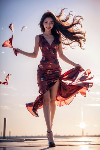 (masterpiece, top quality, top quality, 1 female, Korean, beautiful face, smile, long hair flying in the wind, 19 years old, full body, short flowered dress, sunset