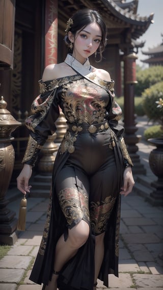 (Extremely detailed CG unified 8k wallpaper), ANCIENT_CHINESE_CASTLE_GARDEN_BACKGROUND, (((Masterpiece))), (((Best Quality))), ((Super Detailed)), (Best Illustration), (Best Shading), ( (Extremely exquisite and beautiful)), embodying the charm of ancient princesses, exuding beauty, sexiness and charm, with natural medium breasts. Mesmerizing eyes convey mystery and seduction. Elegant and charming, with a slender figure and full of mystery. Off the shoulders, low cut. Ancient fantasy royal kebaya decorated with intricate patterns or ornate details. Seductive and elegant pose, beautyniji