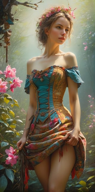 art by Mandy Disher, digital art 8k, Jean-Baptiste Monge style, art by cameron gray, masterpiece, best quality, high quality, extremely detailed CG unity 8k wallpaper, scenery, outdoors, sky, cloud, 

(((Nude))) young russian beauty as Spring maid, strapless stockings,
rich Sunbeams,  garden with blossoming, Sakura flowers and bougainville,    mystical, dreamy, rococo detailed, intricate,   mannerism , muted colors, masterpiece, high quality,flat chested

4k UHD, dark vibes, hyper detailed, vibrant colours forest background, epic composition, octane render, sharp focus, high resolution isometric, Photorealistic, trending on artstation, trending on CGsociety, Intricate, dramatic, art by Razumov and Volegov, art by Carne Griffiths and Wadim Kashin rutkowski, hyperrealism painting,

in the style of esao andrews, aesthetic portrait,flat chested,skirtlift