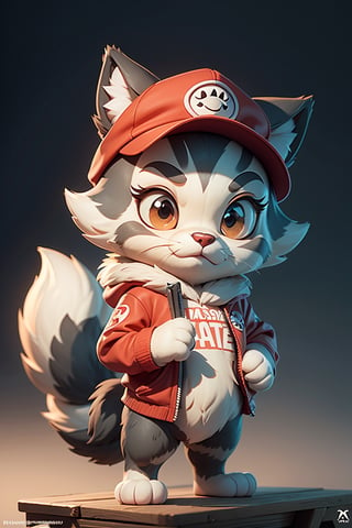 (Baby wolf), mascot, promotional art, full body, very cute disney pixar cat character wearing a red cap, paint brush in hand, iconic film character, detailed fur, a mascot for TA, tensorart logo on cap, concept artwork, 3D render official art, promotional art,  disney pixar zootopia, ((always the same face)),cat,3DMM