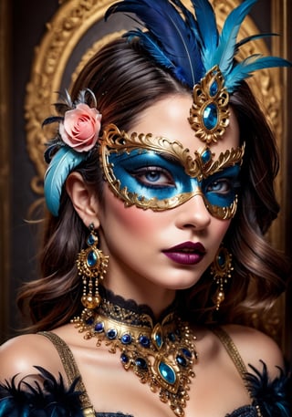 ((extremely realistic photo)), ((professional photo)), A close-up of a beautiful woman with black Venetian carnival mask with gold details, dark lipstick, and pink feathers in her hair, ((ultra sharp focus)), (realistic textures and skin:1.1), (realistic and perfect gray blue-color eyes:1.1), ((perfect design of hands and fingers)), aesthetic. masterpiece, pure perfection, high definition ((best quality, masterpiece, detailed)), ultra high resolution, hdr, art, high detail, add more detail, (extreme and intricate details), ((raw photo, 64k:1.37)), ((sharp focus:1.2)), (muted colors, dim colors, soothing tones ), siena natural ratio, ((more detail xl)),more detail XL,detailmaster2,Enhanced All,photo r3al,masterpiece