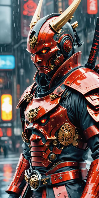 Create a man in futuristix samurai armor, blood red colour, full nano suit , holding plasma katana, background of old tokyo, dark rainy day, highly detailed.,Movie Still,oni style,DonMPl4sm4T3chXL ,DonMCyb3rN3cr0XL 