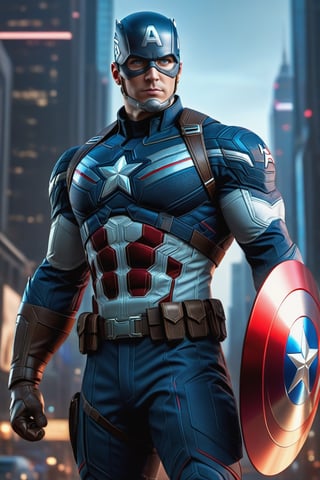 full body, facing camera, hero pose, looking at viewer, 3D rendering [Captain America], standing looking at viewer, well detailed blue eyes, muscles, highly detailed edges, perfect body, detailed with armor and neon cybernetics Light and dark red, futuristic city background, intricately detailed, hdr, 8k, subsurface scattering, specular lighting, high resolution, octane rendering, neon ray tracing,
