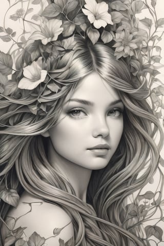 An intricate pencil drawing of a girl and nature merging together, as vines and flowers grow out of her body, blending seamlessly with her hair and limbs, creating a surreal and harmonious composition, natural lighting, close-up detai