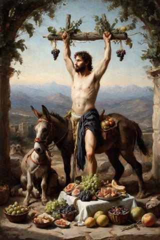 "Visualize the whimsical moment of Crucipus, the stoic philosopher, encountering a donkey feasting on figs after a joyful feast, and playfully suggesting wine to accompany the donkey's snack."