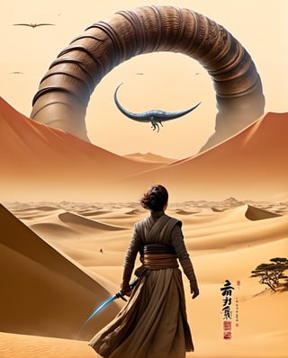 Transport yourself to a captivating realm where the mystique of "Dune" converges with the ethereal beauty of Japanese mythical creatures in this official movie poster illustration. Against the backdrop of the iconic desert planet, Arrakis, colossal sandworms emerge, intertwining seamlessly with legendary Japanese yokai like kitsune and kirin. The delicate balance between futuristic sci-fi aesthetics and traditional Japanese artistry is expertly captured, as spaceships soar above ancient pagodas. The poster's color palette blends the warm hues of Arrakis' dunes with the vibrant shades of traditional Japanese art, creating a visually stunning and harmonious fusion. Immerse yourself in a cinematic experience that seamlessly weaves together the rich tapestries of two distinct yet captivating worlds.