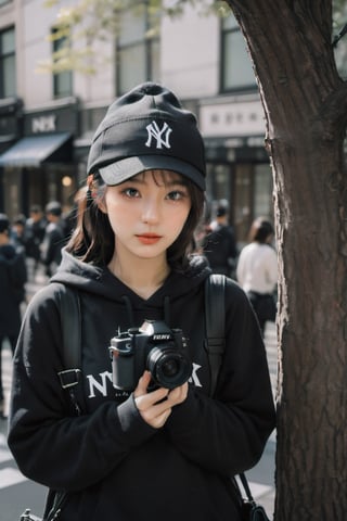 a photo portrait of a paparazzi holding a camera behind the tree targeting celebrities,  wearing black hoodie sort skirt and black hat NY logo,  ready to shot,  camera on eye, photographer posture,  dynamic pose,  brown eyes,  crying_with_eyes_open,  short white wavy hair,  b3rli, xxmix_girl, omatsuri, LinkGirl, , , , , 