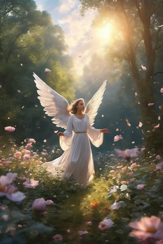 8k wallpaper, high quality, famous paintings, masterpieces, in a beautiful forest, an angel , with various flowers falling from the sky, cool morning, with Cinematic light. 