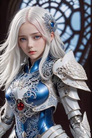 front_view, masterpiece, best quality, photorealistic, raw photo, (1girl, looking at viewer), long white hair, mechanical white armor, intricate armor, delicate blue filigree, intricate filigree, red metalic parts, detailed part, dynamic pose, detailed background, dynamic lighting,
