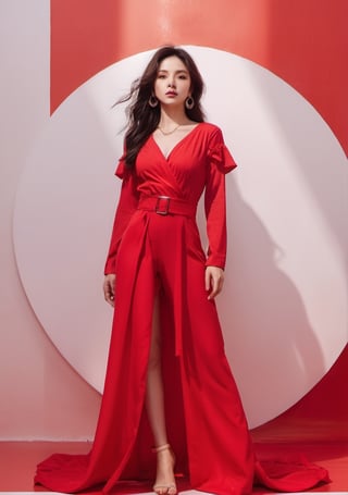 xxmix_girl,a woman in red is posing on a red background, in the style of realistic fantasy artwork, hyper-realistic