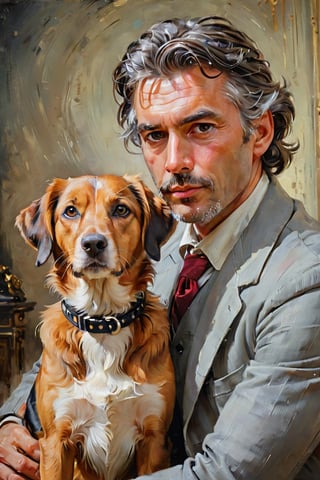 portrait of Pinokkio and his dog, close up, oil painting old master, dynamic light, cinematic light, glow background, vintage style, oil painting striking brushstrokes background greyish, by konstantin razumov, Jean Baptiste Monge,photorealistic,analog