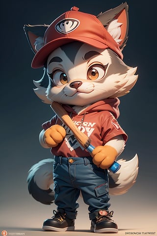 (Baby wolf), mascot, promotional art, full body, very cute disney pixar cat character wearing a red cap, paint brush in hand, iconic film character, detailed fur, a mascot for TA, tensorart logo on cap, concept artwork, 3D render official art, promotional art,  disney pixar zootopia, ((always the same face)),cat,3DMM