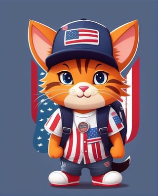 1boy, animal ears, backpack, bag, baseball cap, cat, furry, furry male, hat flag USA desain, looking at viewer, male focus, pants, shirt, shoes, short sleeves, simple background, solo, standing, tshirt design, whiskers