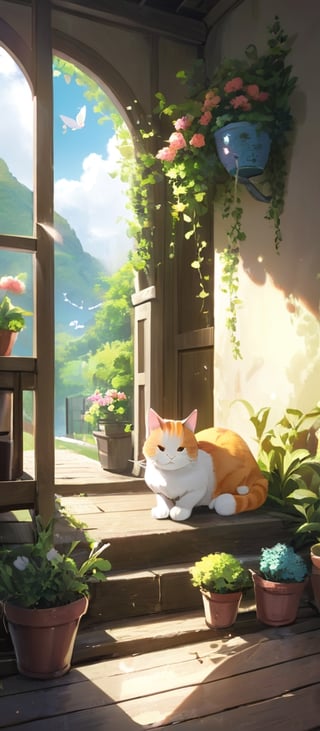 (((1cat:1.4))) in an veranda interior with trees and plants on it and flowers on the walls, ((outdoor:1.4)), tumblr, Artstation, doku-doku-kinoko, magical realism, Fairy tale, Line, magic realism, pixiv, Flower, cg society, (((hyper realistic:1.4))) , Anime, Beatrix Potter, totorina, Subterranean, Still life, Magical girl, Animal tale, Adventure fantasy, still life, rayonism, aestheticism, Landscape, neo-romanticism, capy-shuupan, Georgette Chen, Chang Ucchin, Hidari, Jeanne-Claude, computer graphics, cgsociety, shinei-neko-hakase, uri-tan, no_human, no_humans,Leonardo Style, illustration,vector art