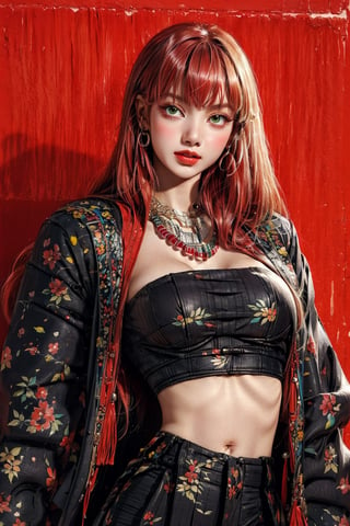 1girl, solo, Yukina, oil painting, impasto, looking at viewer, a young woman, 18 years old, red hair, long hair, green eyes, skinny body, (big breasts:1.3), tribal necklace, urban psychedelic outfit, psychedelic  background, masterpiece, nijistyle, niji, ,sciamano240, soft shading, yukina, popular fashion